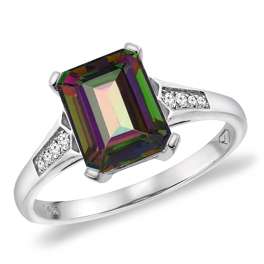 14K White Gold Natural Mystic Topaz Ring 9x7 mm Octagon with Diamond Accent, sizes 5 -10
