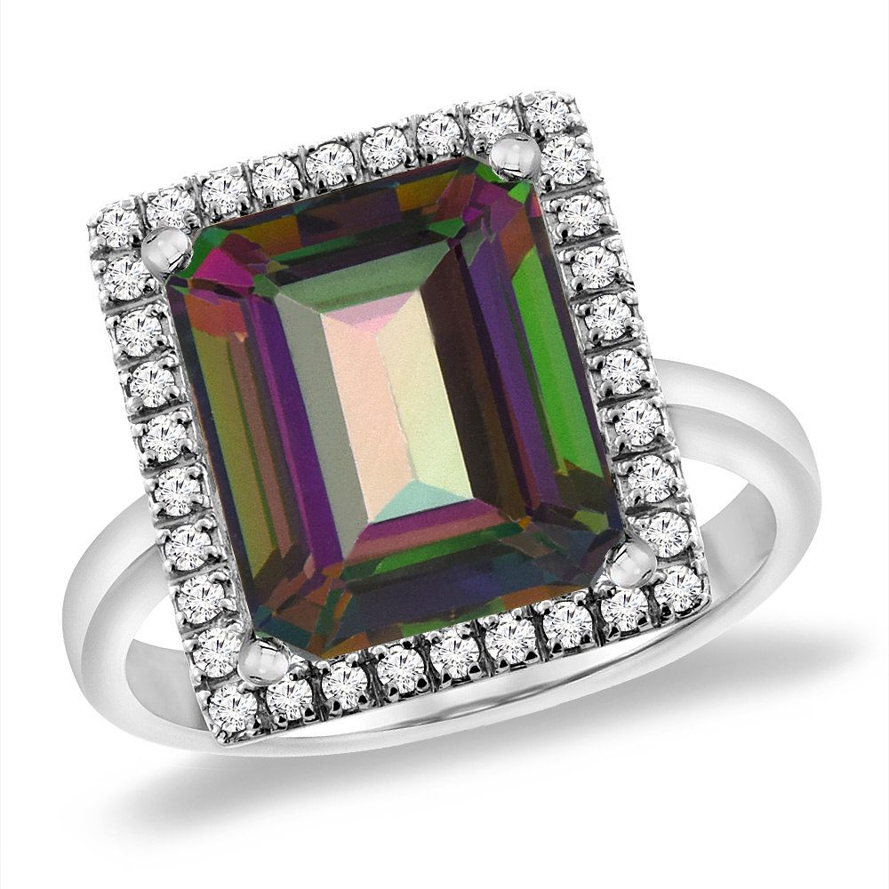 14K White Gold Natural Mystic Topaz Ring Diamond Accent 12x10 mm Octagon, sizes 5 -10