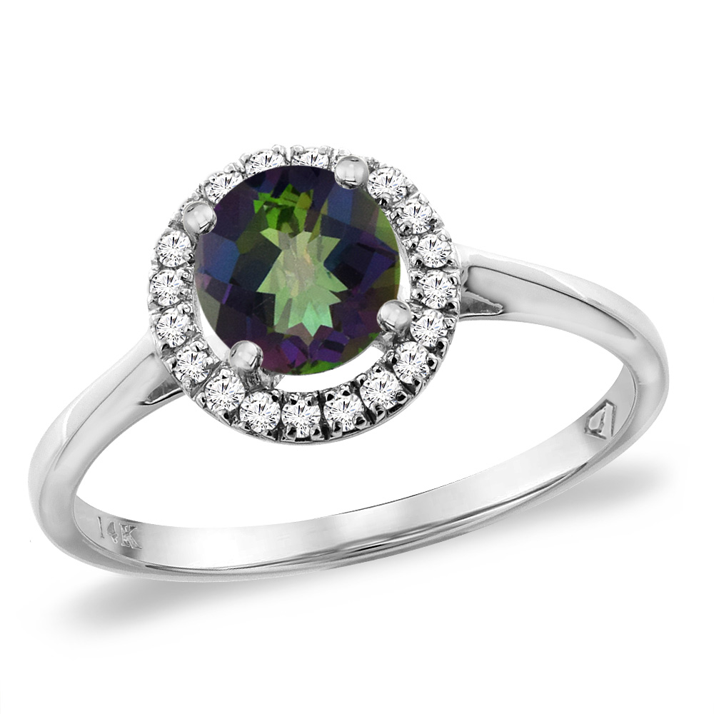 14K White Gold Diamond Halo Natural Mystic Topaz Engagement Ring Round 6 mm, sizes 5 -10