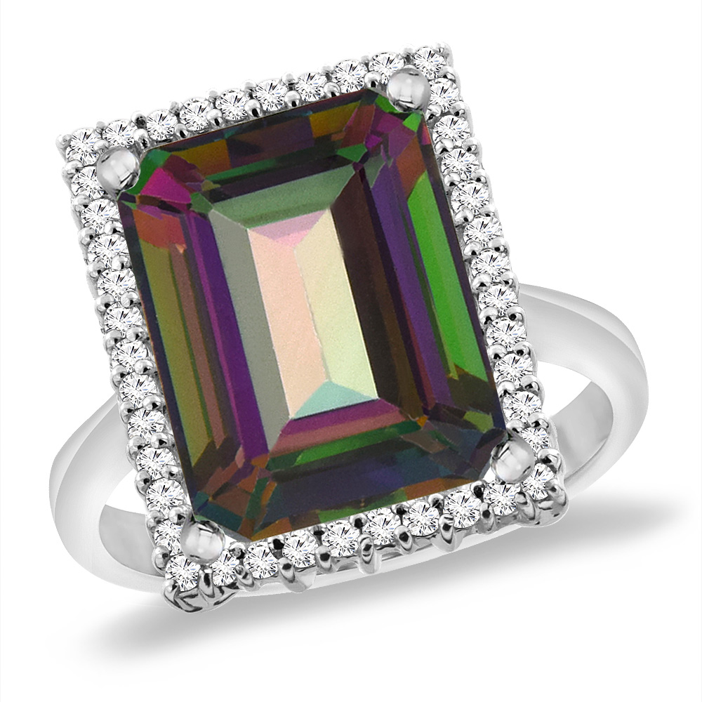 14K White Gold Natural Mystic Topaz Ring Diamond Accent 14x10 mm Octagon, sizes 5 -10