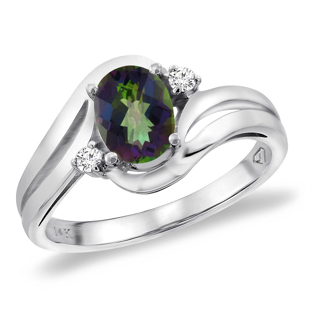 14K White Gold Diamond Natural Mystic Topaz Bypass Engagement Ring Oval 8x6 mm, sizes 5 -10
