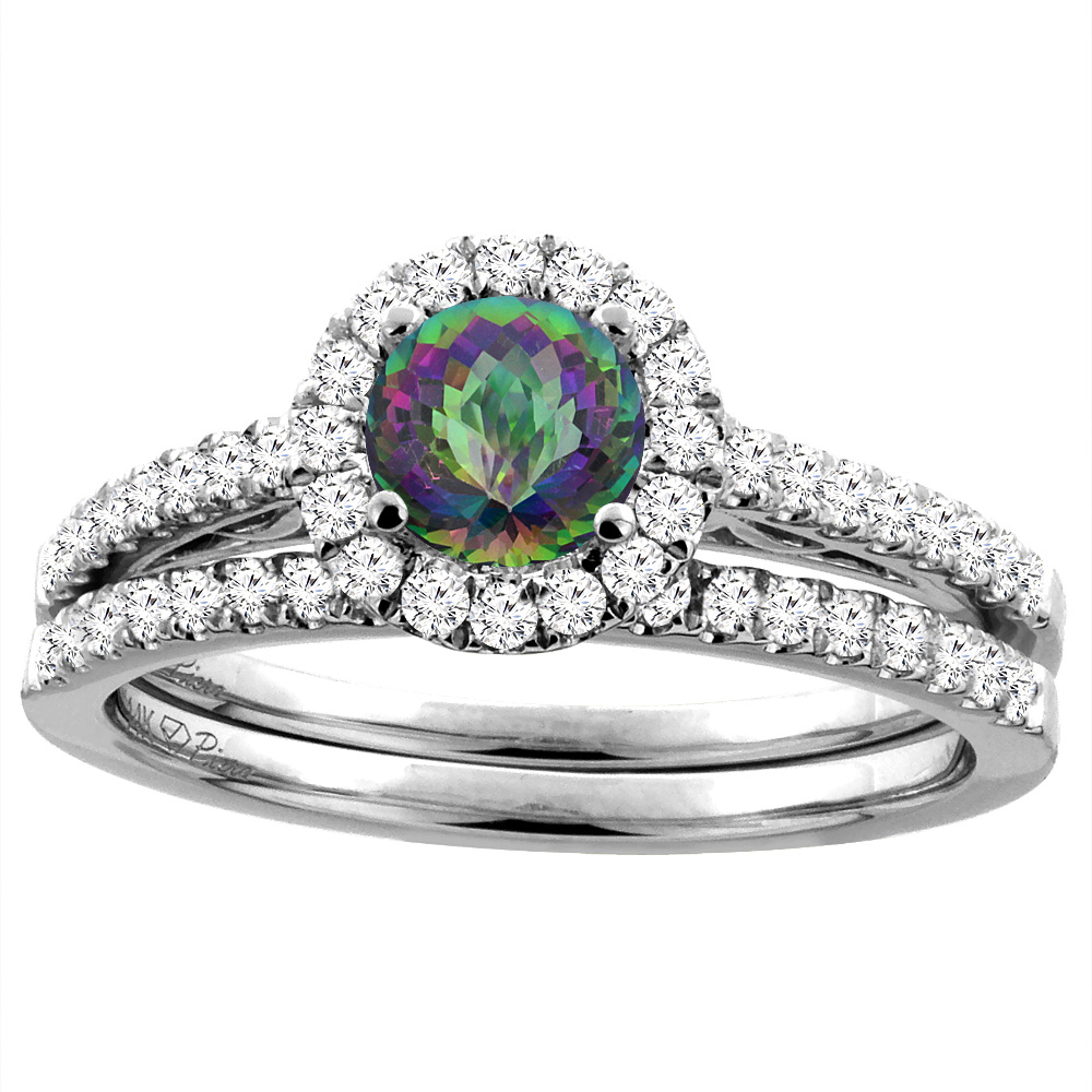 14K White Gold Diamond Natural Mystic Topaz Halo Engagement Bridal Ring Set Round 6 mm, sizes 5-10
