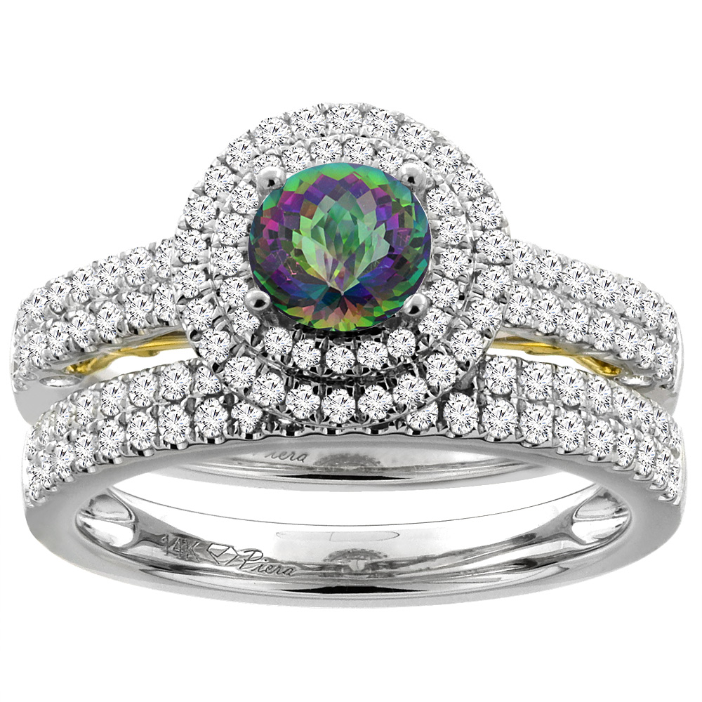 14K White Gold Diamond Natural Mystic Topaz Halo Engagement Ring Set Round 6 mm, sizes 5-10