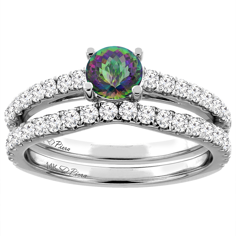 14K White Gold Diamond Natural Mystic Topaz Engagement Bridal Ring Set Round 6 mm, sizes 5-10
