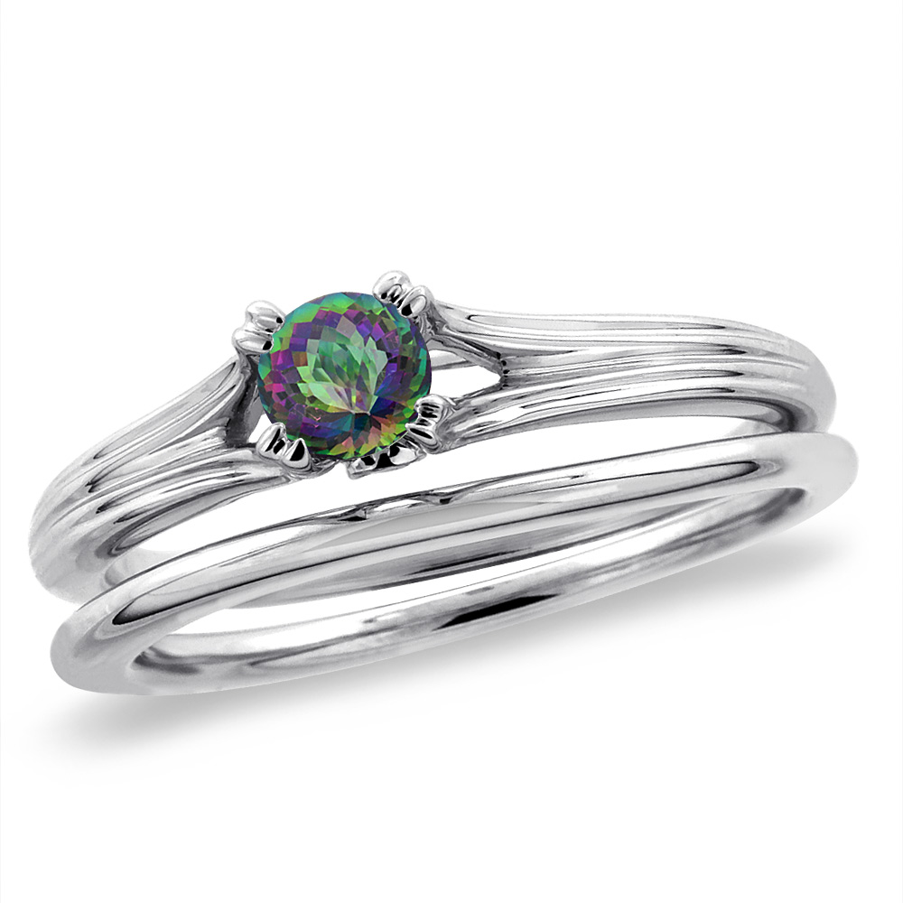 14K White Gold Diamond Natural Mystic Topaz 2pc Solitaire Engagement Ring Set Round 5mm, size5 -10