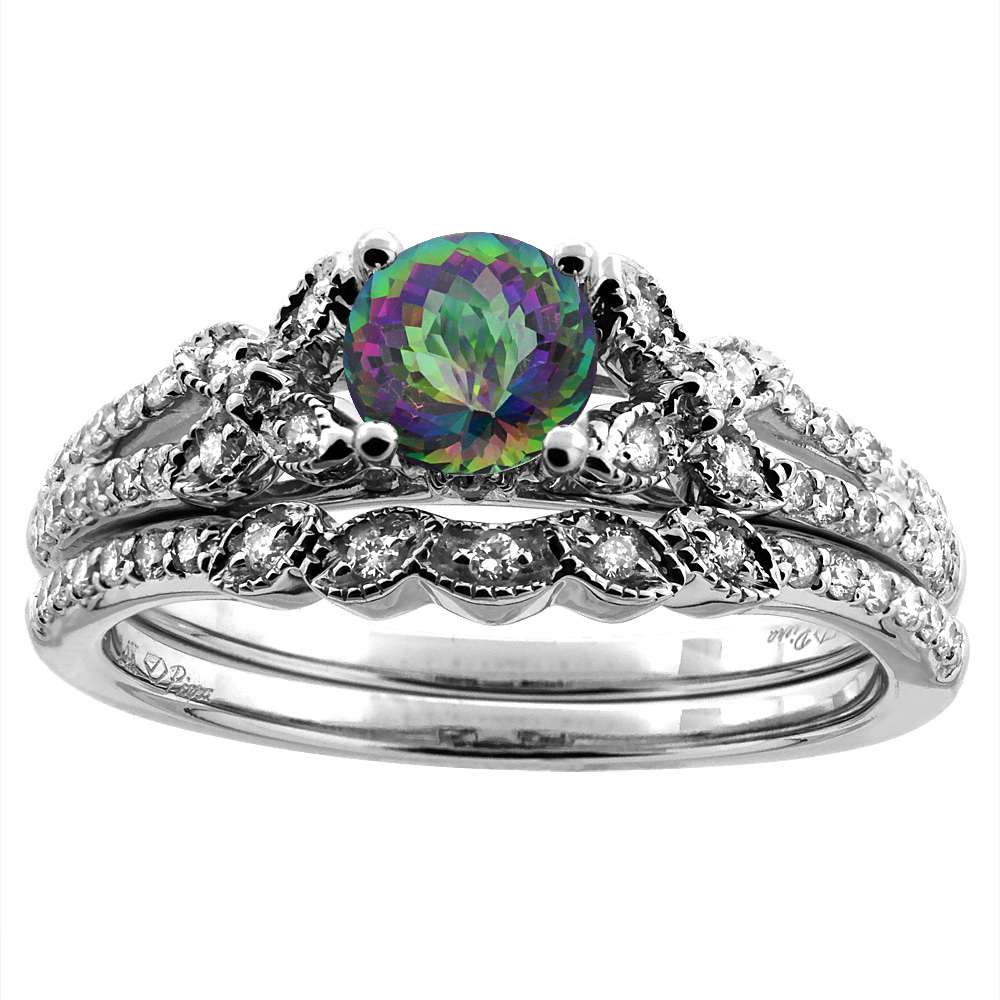 14K White/Yellow Gold Floral Diamond Natural Mystic Topaz 2pc Engagement Ring Set Round 5 mm, sizes 5-10