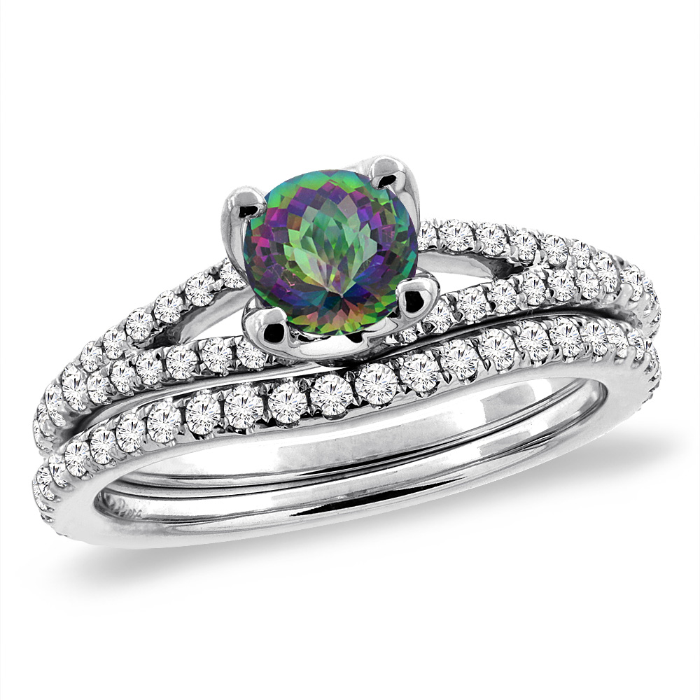 14K White Gold Diamond Natural Mystic Topaz 2pc Engagement Ring Set Round 5 mm, sizes 5-10
