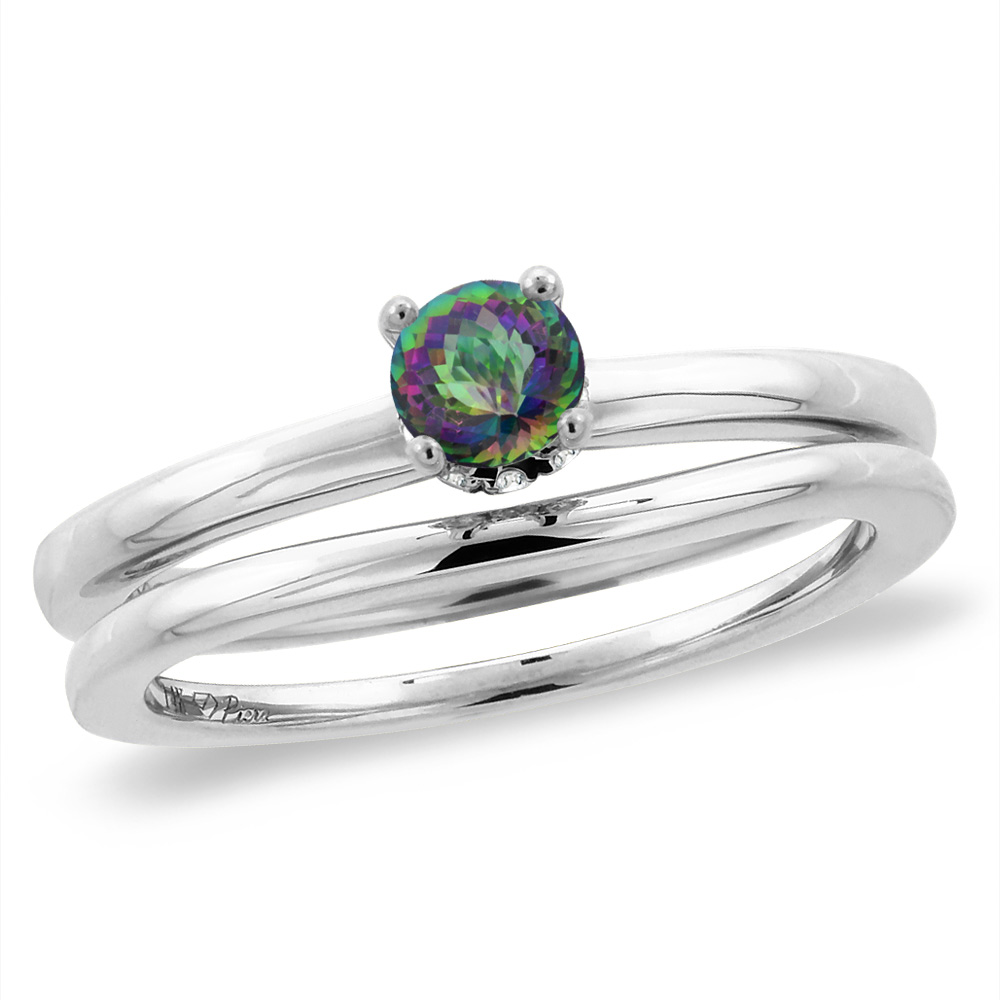 14K White Gold Diamond Natural Mystic Topaz 2pc Solitaire Engagement Ring Set Round 5mm, size5 -10