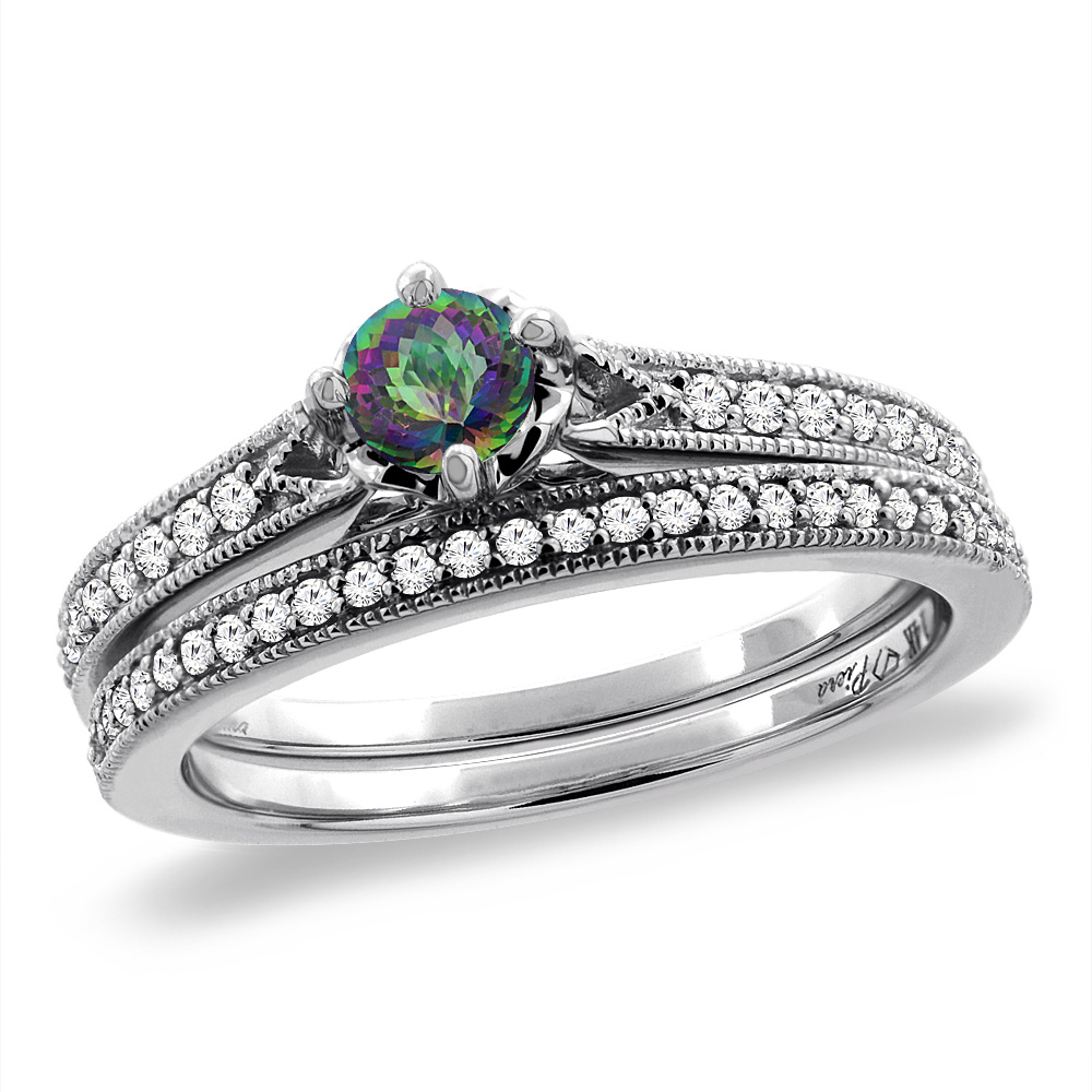 14K White Gold Diamond Natural Mystic Topaz 2pc Engagement Ring Set Round 4 mm, sizes 5 - 10