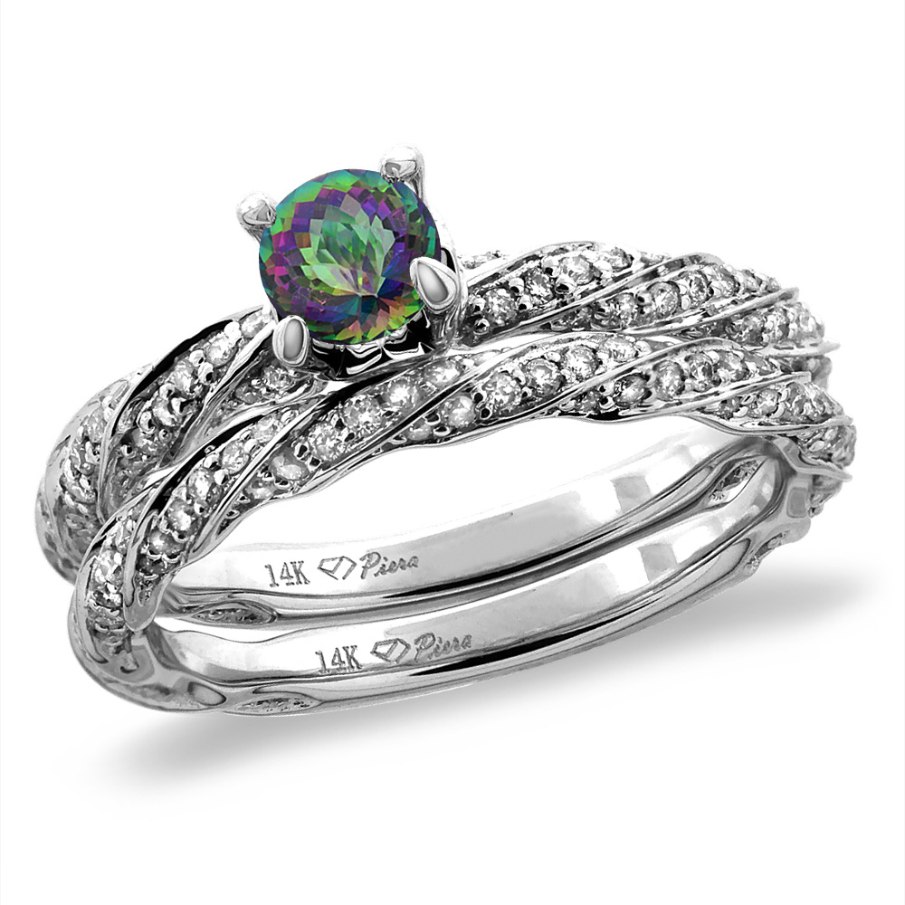 14K White/Yellow Gold Diamond Natural Mystic Topaz 2pc Twisted Engagement Ring Set Round 4 mm, size5-10