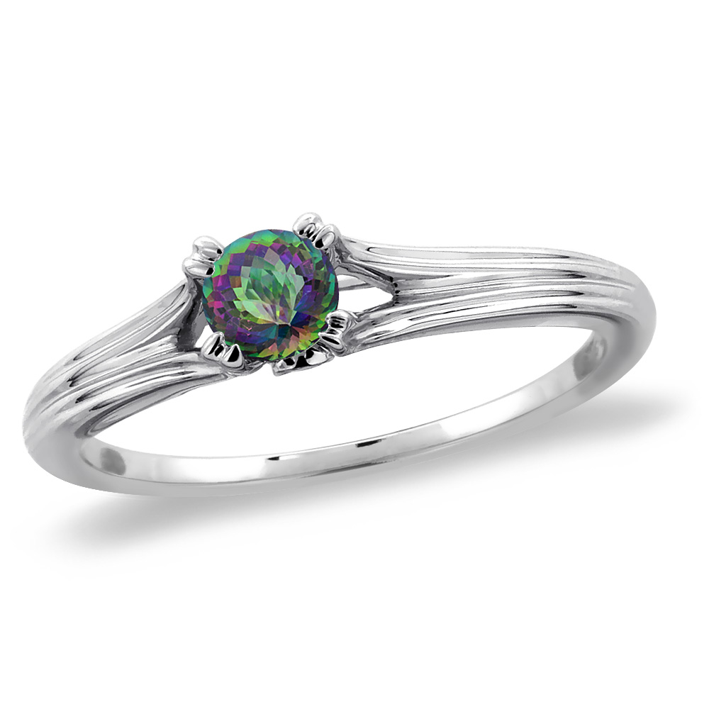 14K White Gold Diamond Natural Mystic Topaz Solitaire Engagement Ring Round 4 mm, sizes 5 -10