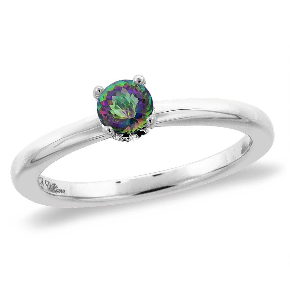 14K White Gold Diamond Natural Mystic Topaz Solitaire Engagement Ring Round 4 mm, sizes 5 -10