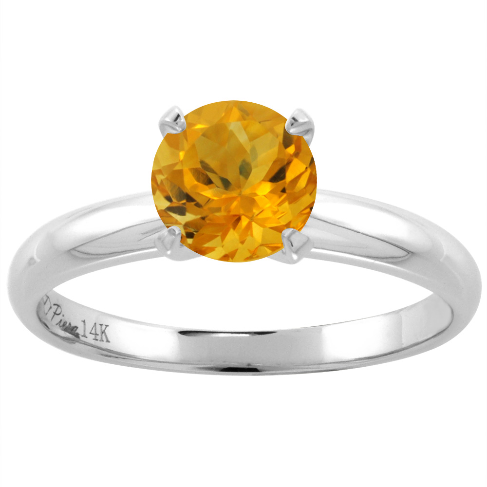 14K White Gold Natural Citrine Solitaire Engagement Ring Round 7 mm, sizes 5-10