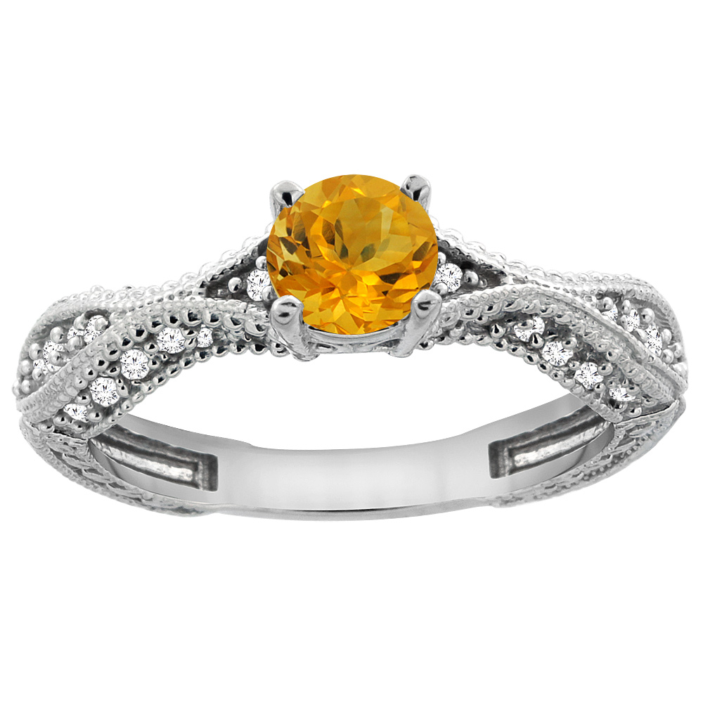 14K White Gold Natural Citrine Round 5mm Engraved Engagement Ring Diamond Accents, sizes 5 - 10