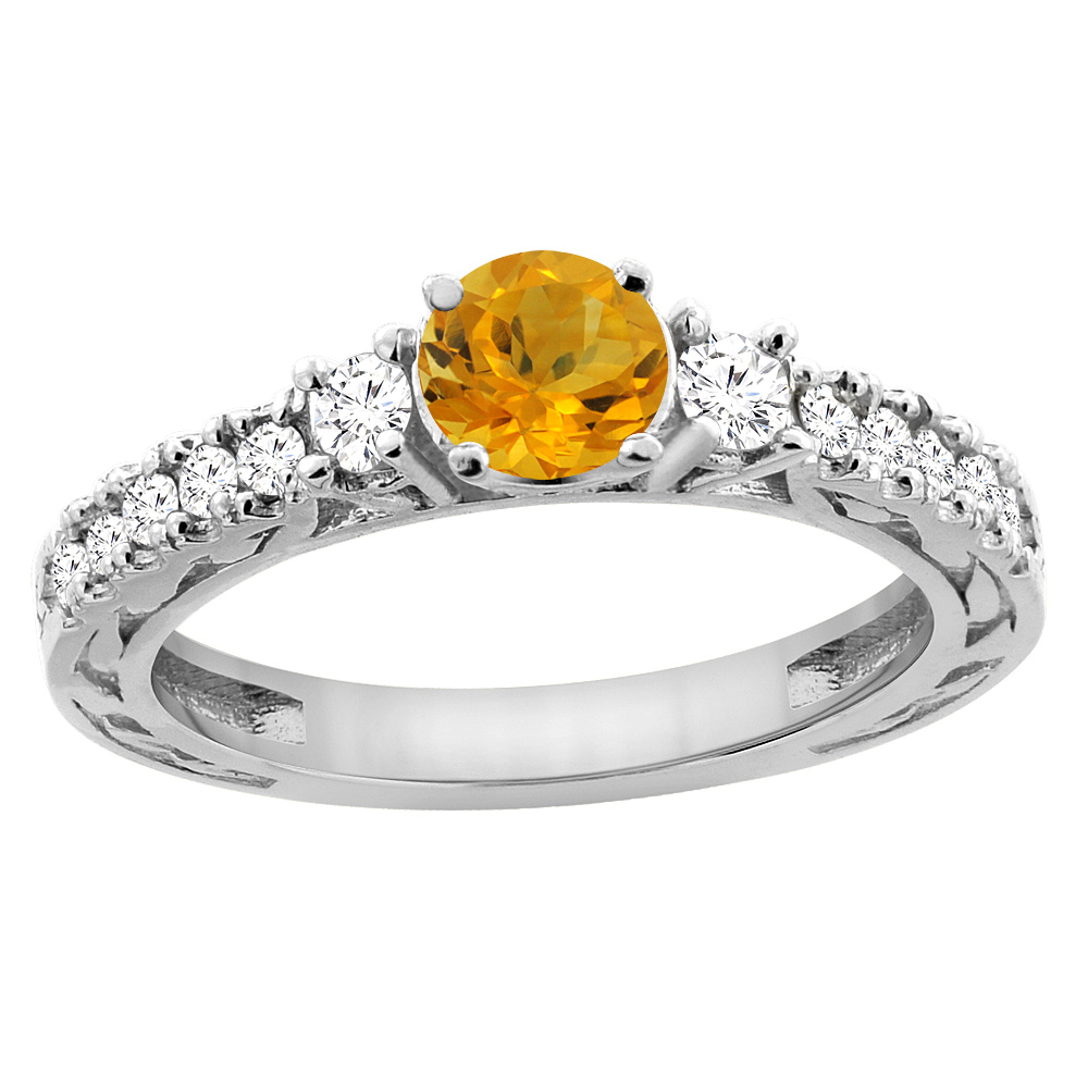 14K White Gold Natural Citrine Round 6mm Engraved Engagement Ring Diamond Accents, sizes 5 - 10