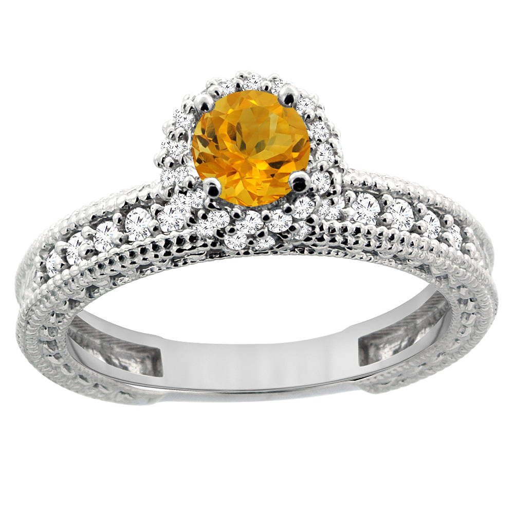 14K White Gold Natural Citrine Round 5mm Engagement Ring Diamond Accents, sizes 5 - 10