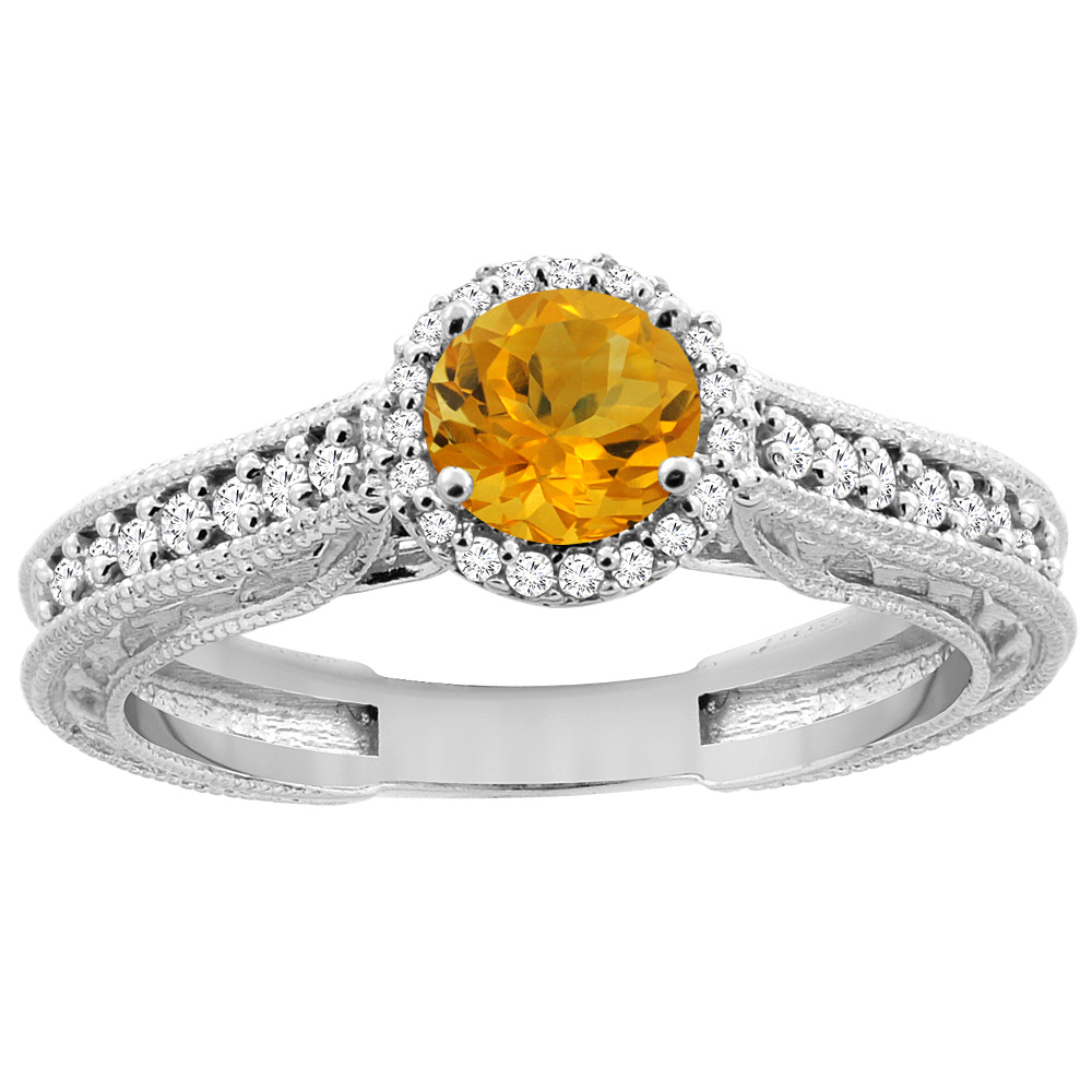 14K White Gold Natural Citrine Round 5mm Engraved Engagement Ring Diamond Accents, sizes 5 - 10