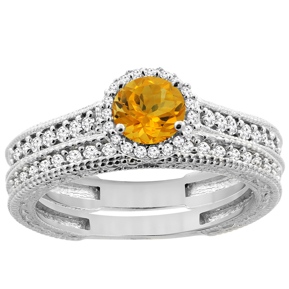 14K White Gold Natural Citrine Round 5mm Engagement Ring 2-piece Set Diamond Accents, sizes 5 - 10