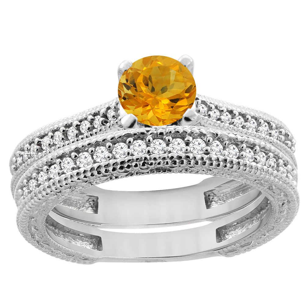 14K White Gold Natural Citrine Round 5mm Engraved Engagement Ring 2-piece Set Diamond Accents, sizes 5 - 10