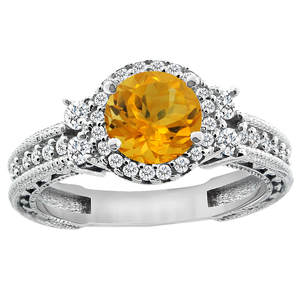 14K White Gold Natural Citrine Halo Engagement Ring Round 6mm Diamond Accents, sizes 5 - 10