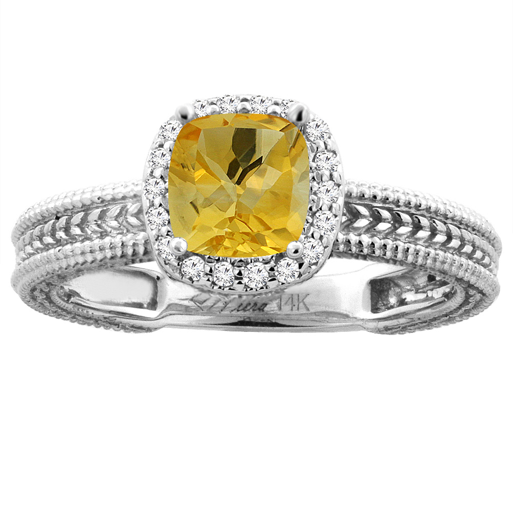 14K White Gold Diamond Natural Citrine Engagement Ring Cushion 7x7 mm, sizes 5-10