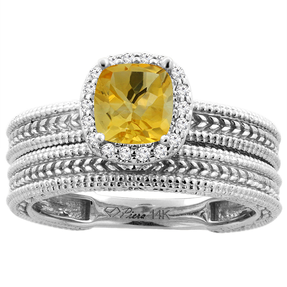 14K Yellow Gold Diamond Natural Citrine 2-pc Engagement Ring Set Cushion 7x7 mm, sizes 5-10