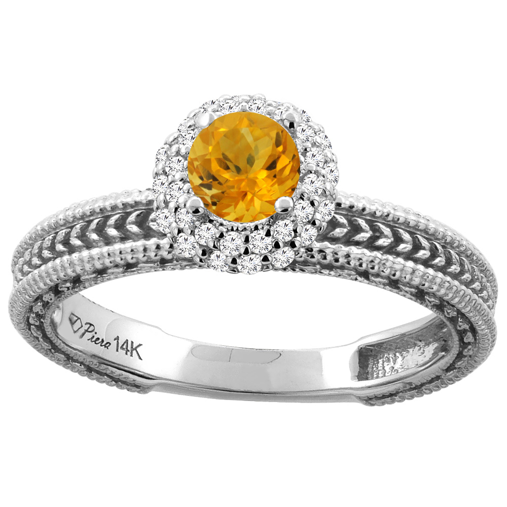 14K Yellow Gold Natural Citrine &amp; Diamond Engagement Ring Round 5 mm, sizes 5-10