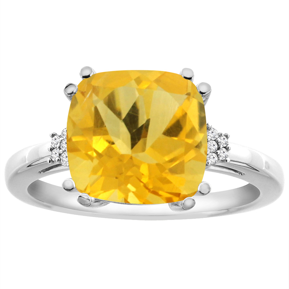 14K Yellow Gold Diamond Natural Citrine Engagement Ring Cushion-cut 10x10 mm, sizes 5-10