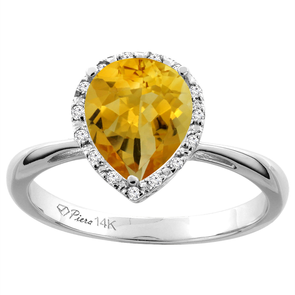 14K White Gold Natural Citrine &amp; Diamond Halo Engagement Ring Pear Shape 9x7 mm, sizes 5-10