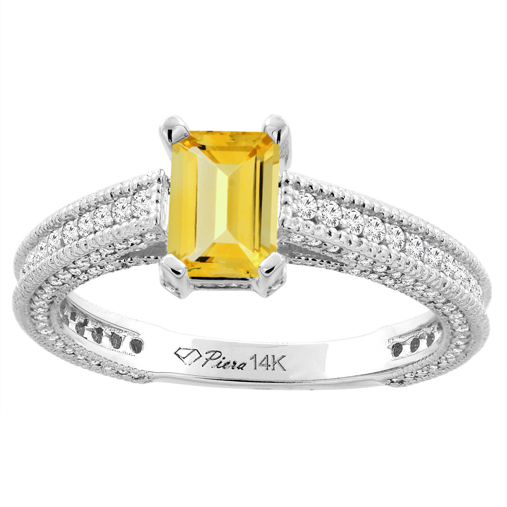 14K White Gold Natural Citrine &amp; Diamond Ring Octagon 7x5 mm, sizes 5-10