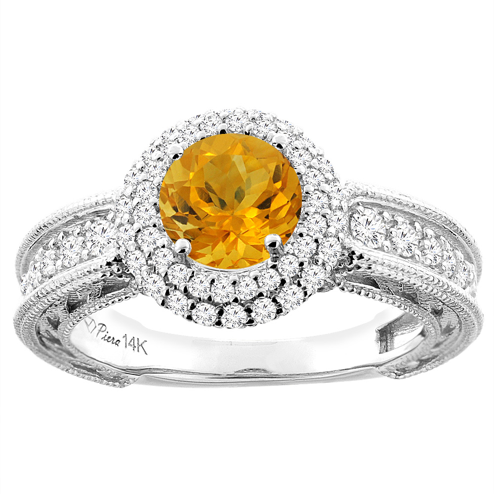 14K Yellow Gold Natural Citrine & Diamond Halo Ring Round 6 mm, sizes 5-10