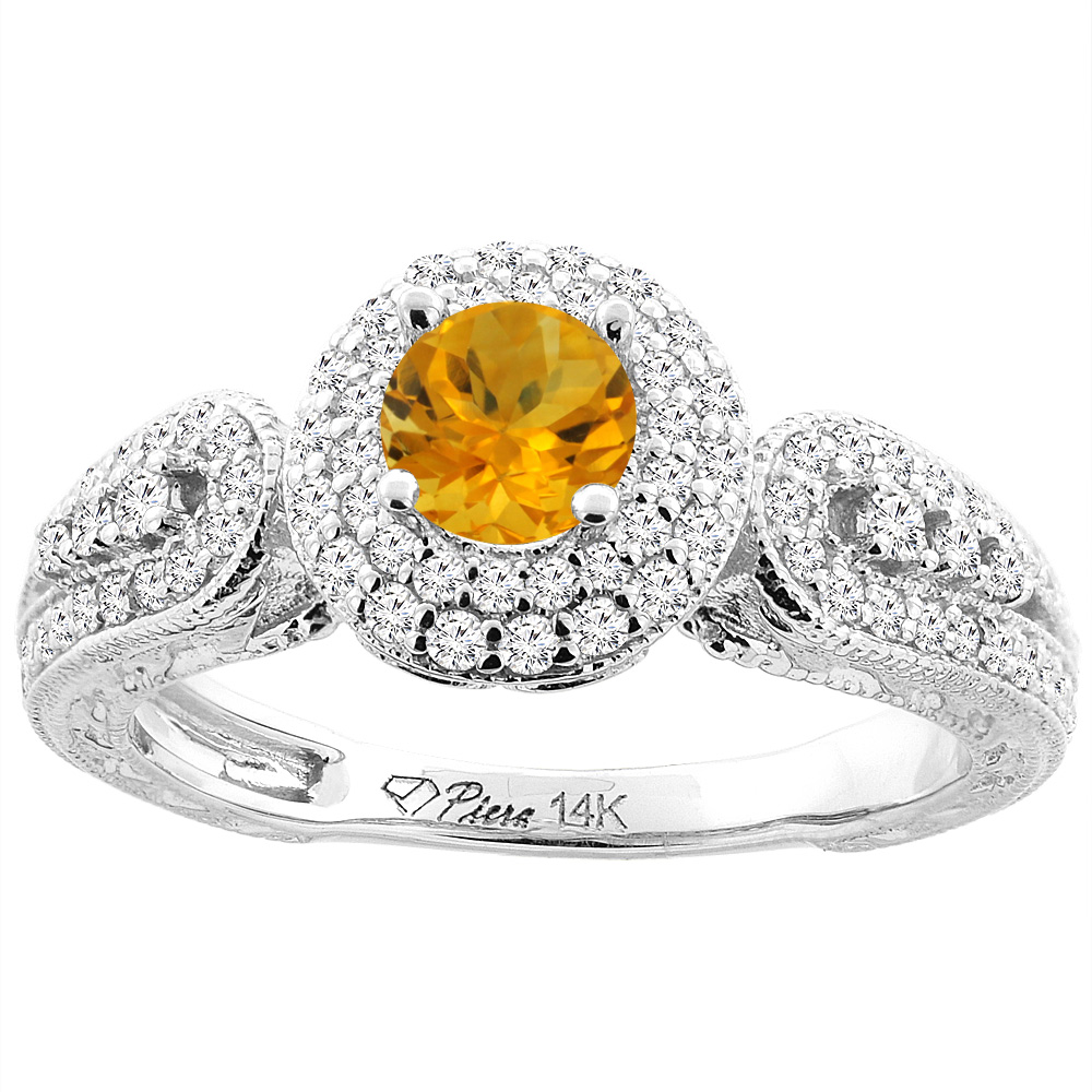 14K Yellow Gold Natural Citrine & Diamond Halo Ring Round 5 mm, sizes 5-10