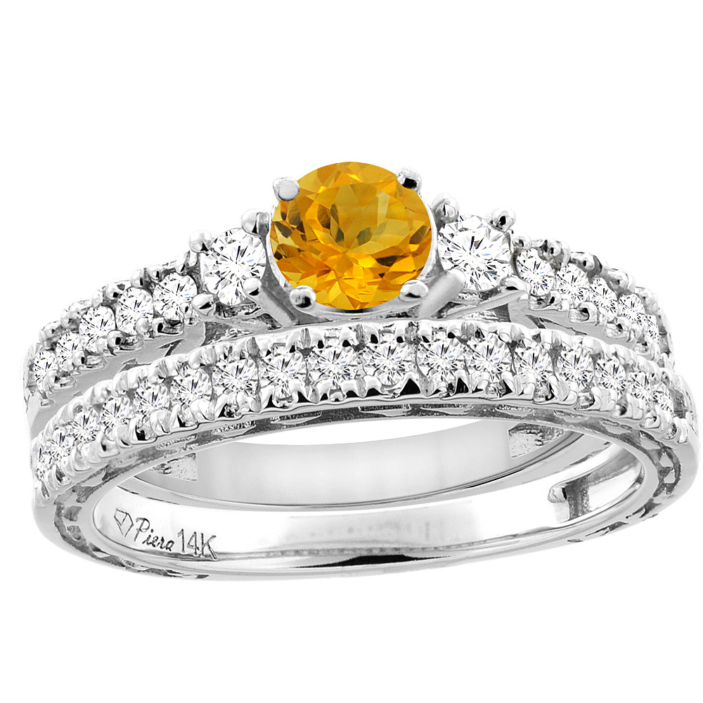 14K White Gold Diamond Natural Citrine Engagement 2-pc Ring Set Engraved Round 6 mm, sizes 5 - 10