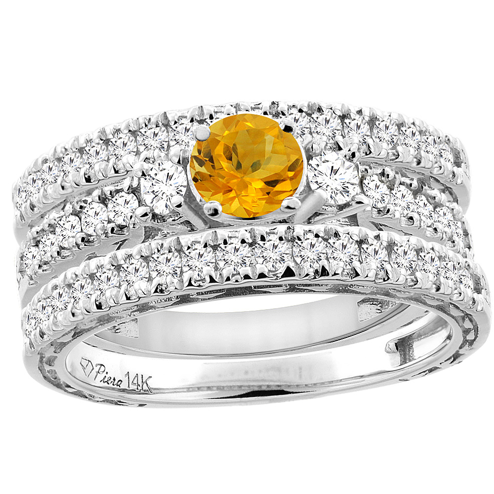 14K Yellow Gold Diamond Natural Citrine Engagement 3-pc Ring Set Engraved Round 6 mm, sizes 5 - 10