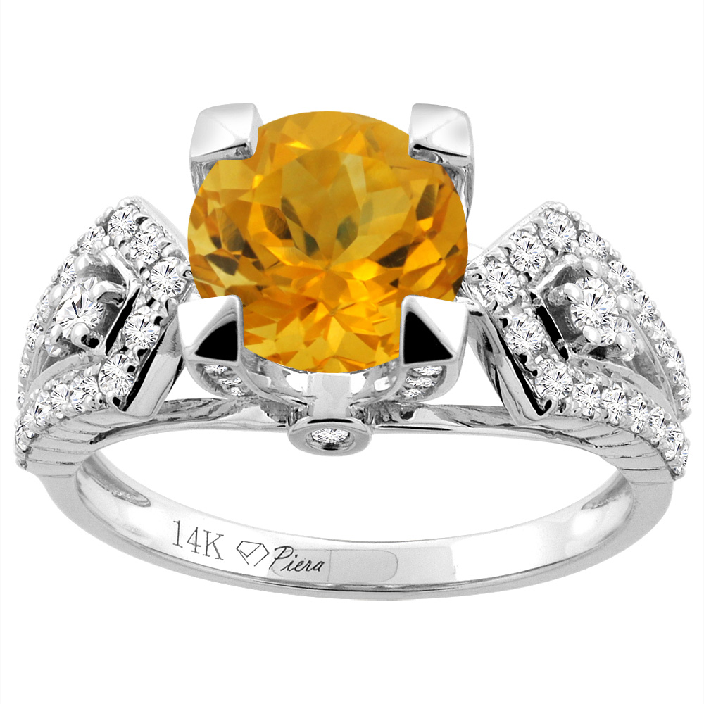 14K Gold Natural Citrine Ring Round 7 mm Diamond Accents, sizes 5 - 10