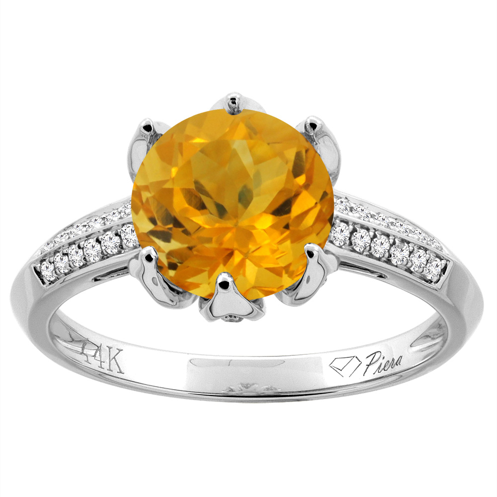14K Gold Natural Citrine Ring Round 8 mm Diamond Accents, sizes 5 - 10