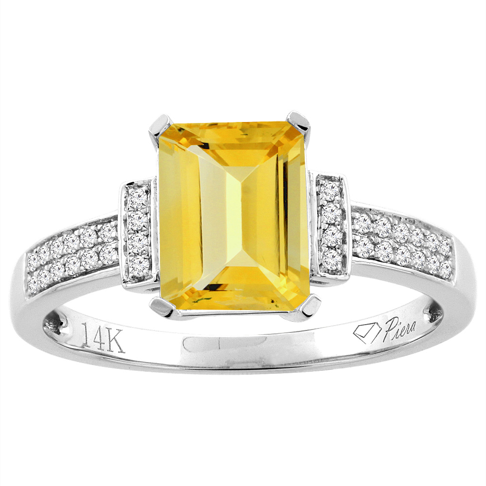 14K Gold Natural Citrine Ring Octagon 8x6 mm Diamond Accents, sizes 5 - 10