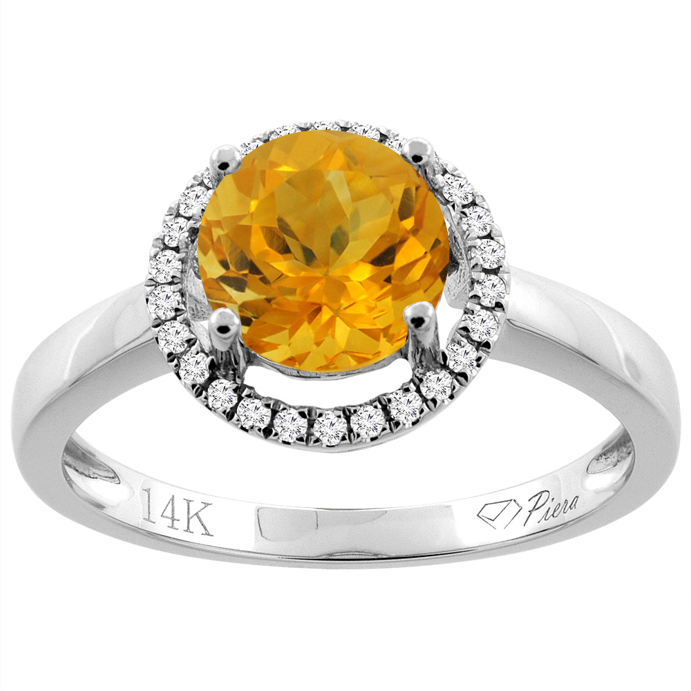 14K Gold Natural Citrine Ring Round 7 mm Diamond Accents, sizes 5 - 10
