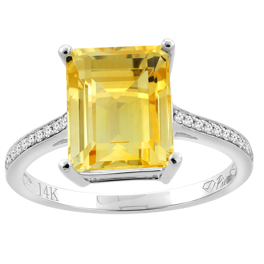14K Gold Natural Citrine Ring Octagon 10x8 mm Diamond Accents, sizes 5 - 10