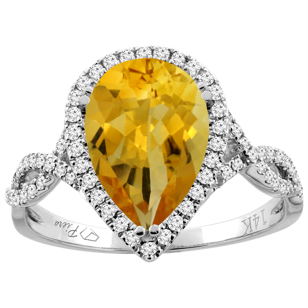 14K Gold Natural Citrine Ring Pear Shape 12x8 mm Diamond Accents, sizes 5 - 10