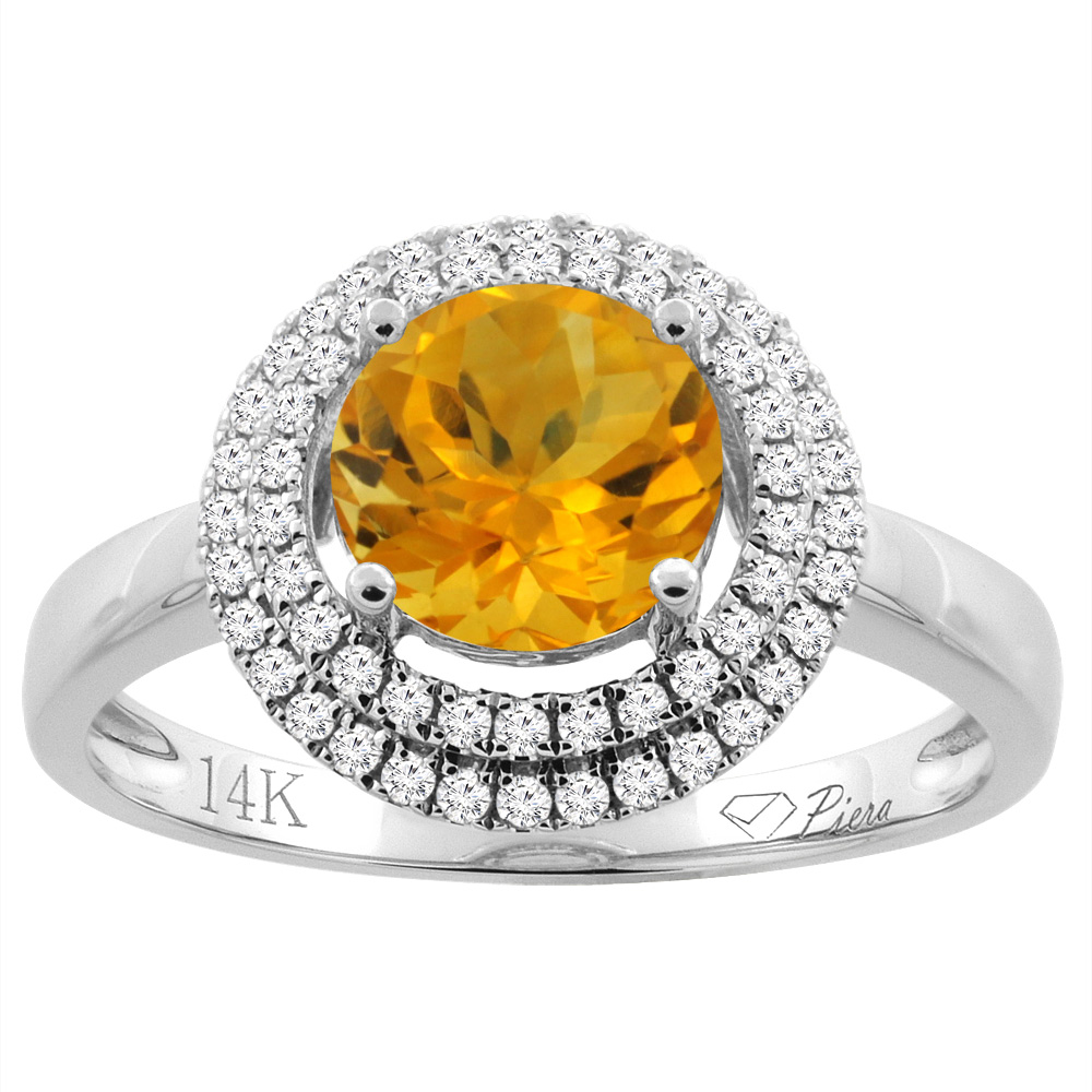 14K Gold Natural Citrine Ring Round 7 mm Double Halo Diamond Accents, sizes 5 - 10