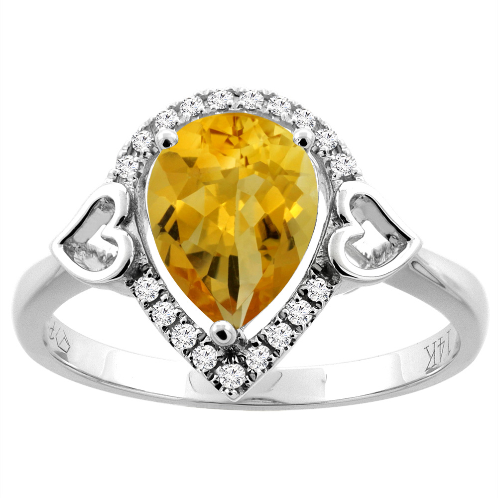 14K Gold Natural Citrine Ring Pear Shape 9x7 mm Diamond Accents, sizes 5 - 10
