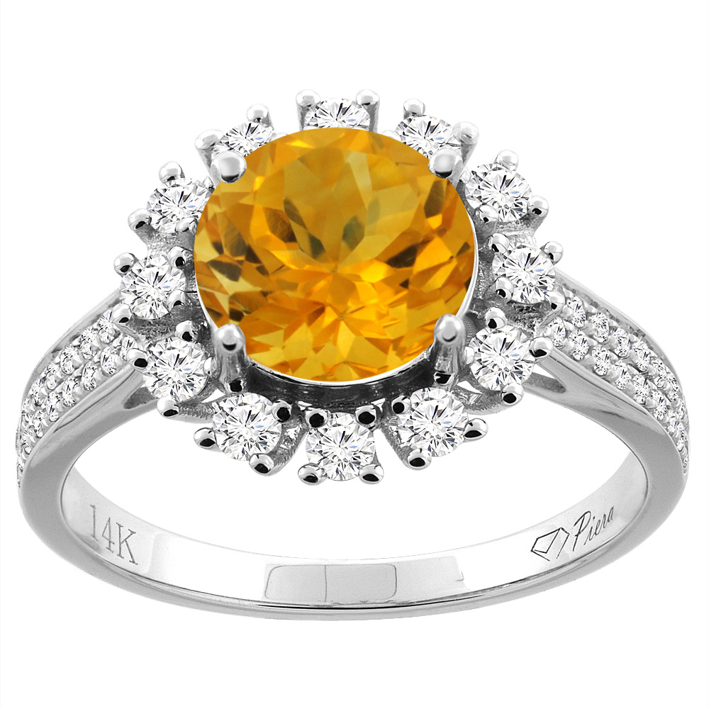 14K Gold Natural Citrine Ring Round 8 mm Diamond Accents, sizes 5 - 10