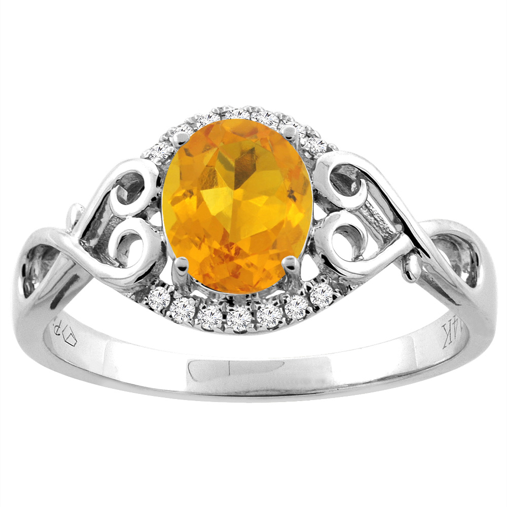 14K Gold Natural Citrine Ring Oval 8x6 mm Diamond &amp; Heart Accents, sizes 5 - 10