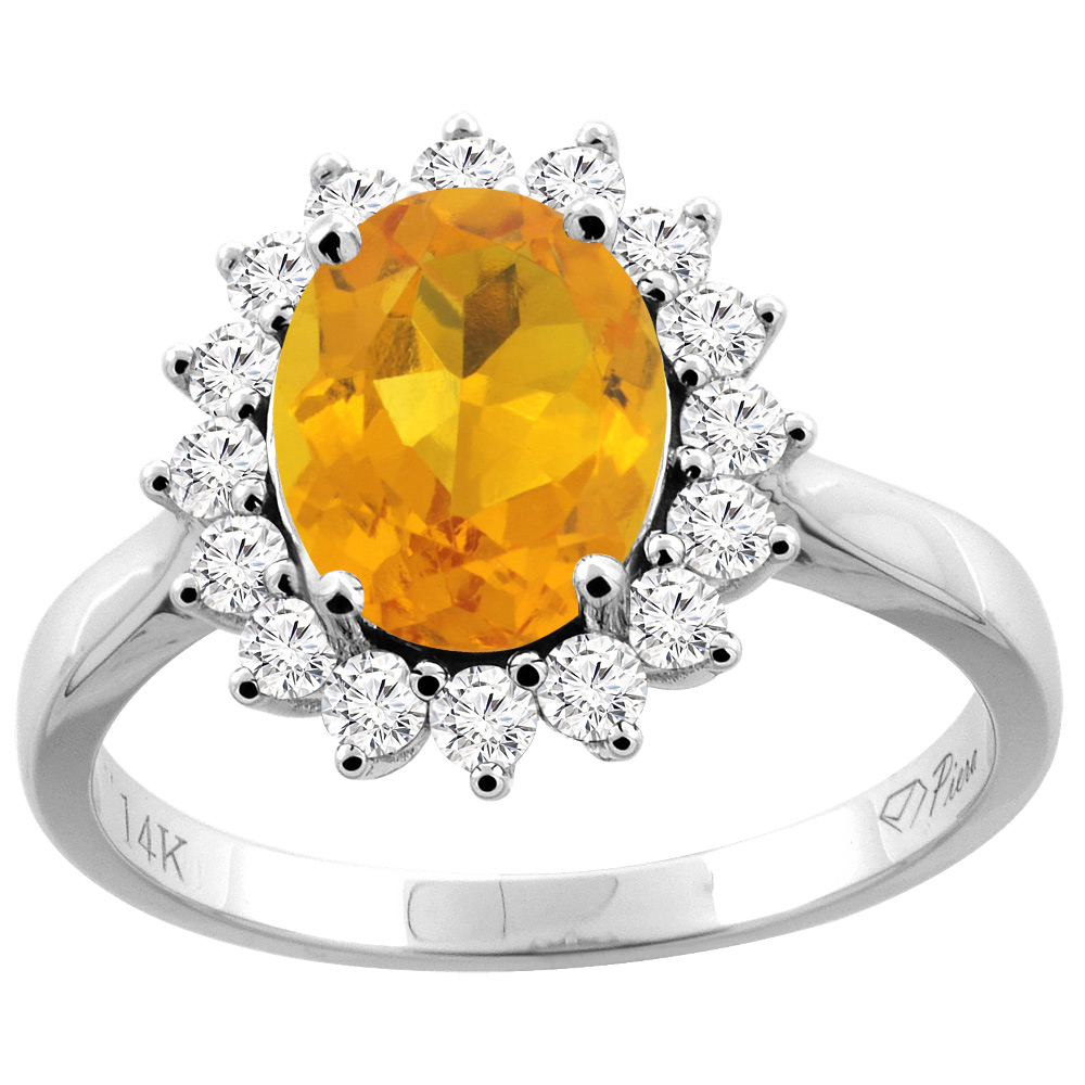 14K Gold Natural Citrine Ring Oval 9x7 mm Diamond Accents, sizes 5 - 10