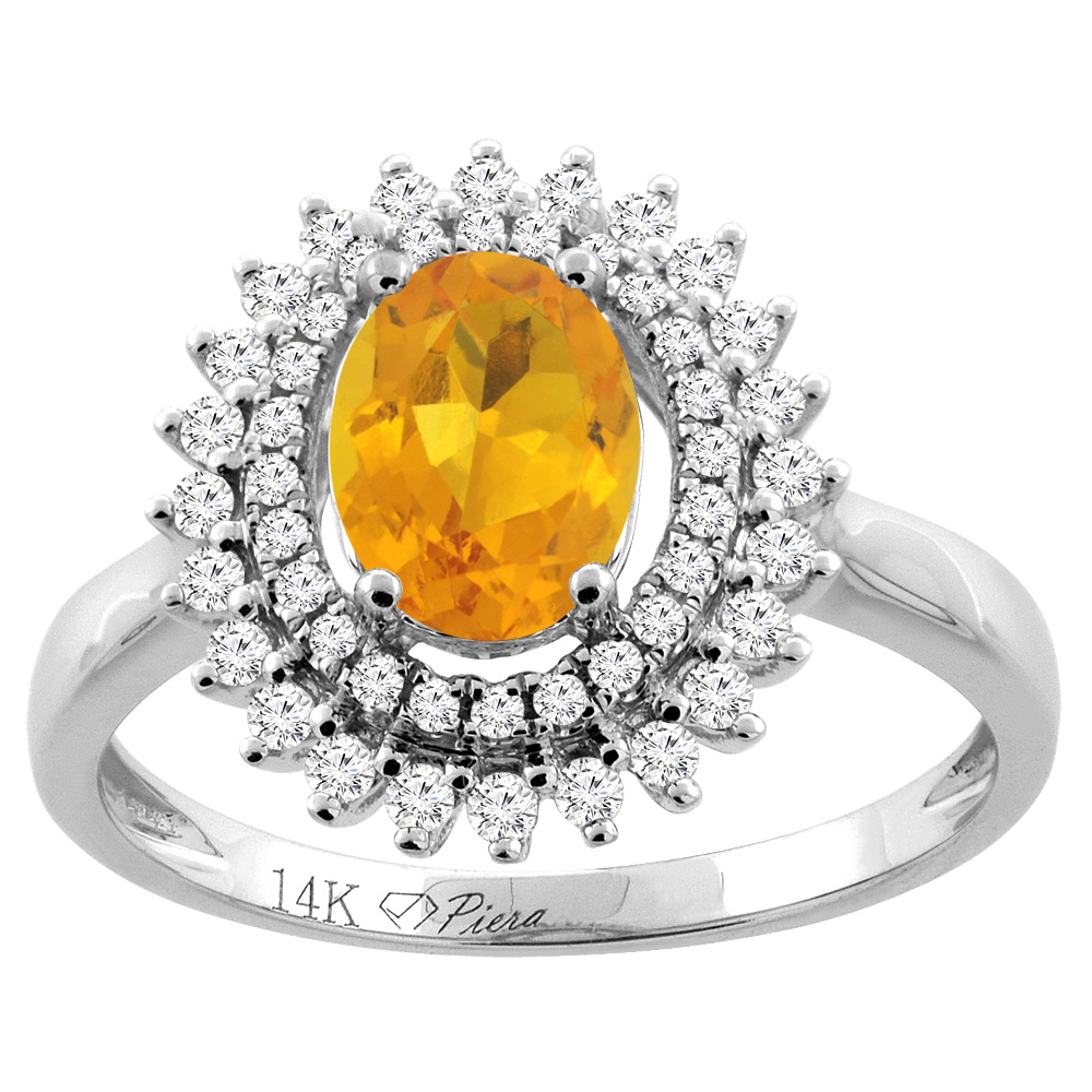 14K Gold Natural Citrine Ring Oval 8x6 mm Double Halo Diamond Accents, sizes 5 - 10