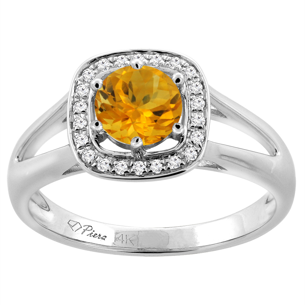 14K White Gold Natural Citrine Engagement Halo Ring Round 6 mm &amp; Diamond Accents, sizes 5 - 10
