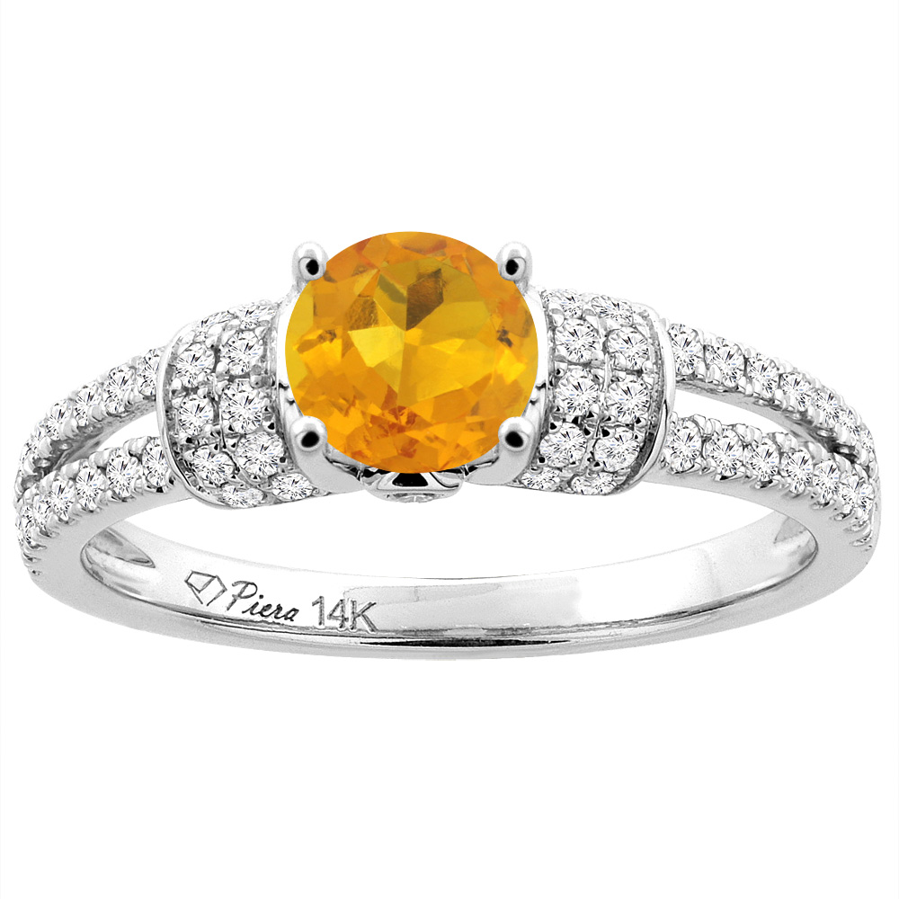 14K White Gold Natural Citrine Engagement Ring Round 6 mm &amp; Diamond Accents, sizes 5 - 10