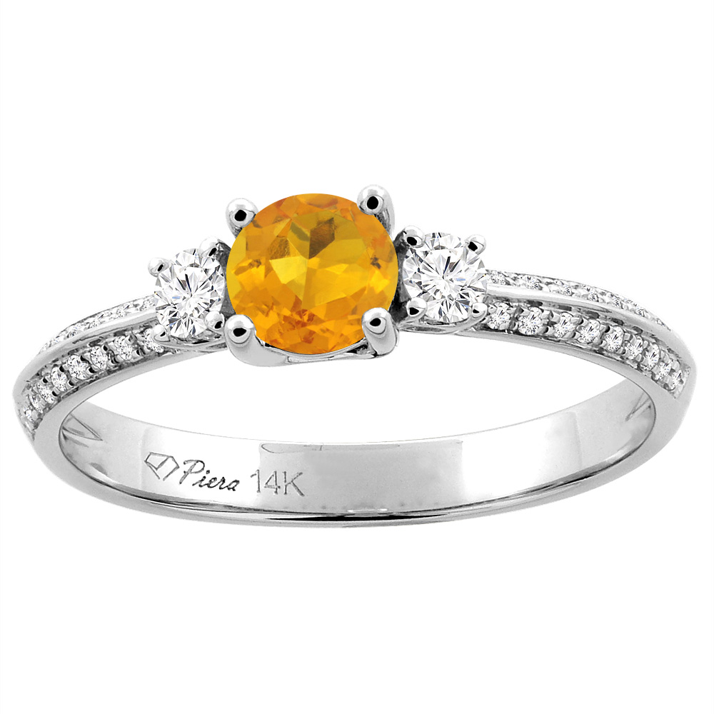 14K White Gold Natural Citrine Engagement Ring Round 5 mm & Diamond Accents, sizes 5 - 10