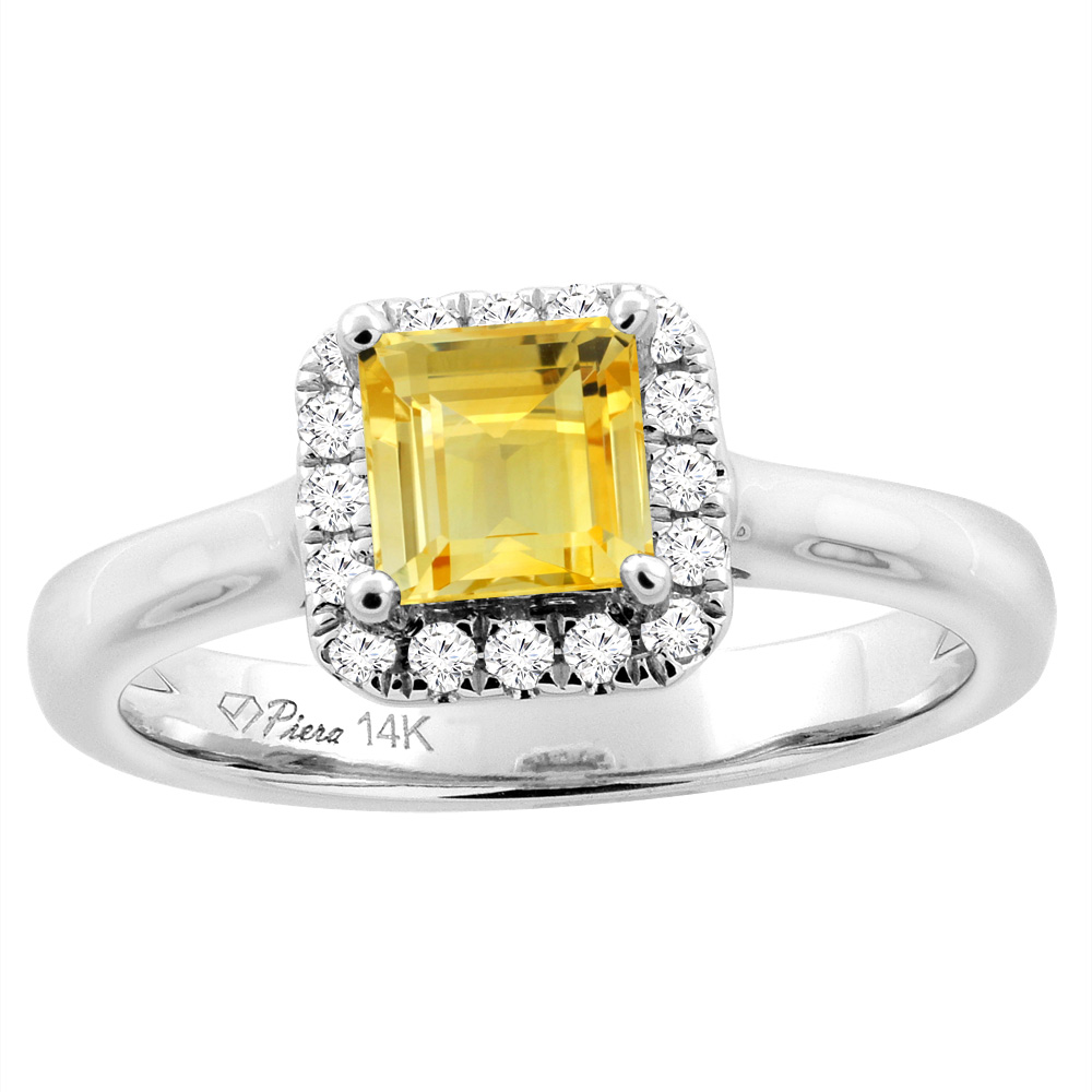 14K White Gold Natural Citrine Halo Engagement Ring Square 5 mm & Diamond Accents, sizes 5 - 10